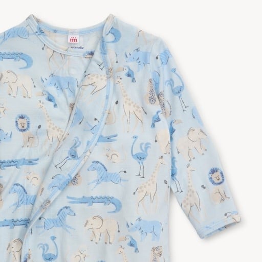 Light blue baby gown with a jungle animal print and a wrap-style front.