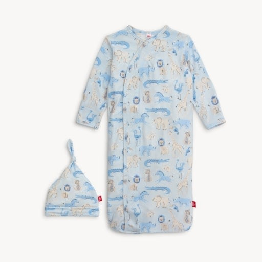 Light blue baby gown and hat set with a jungle animal print.