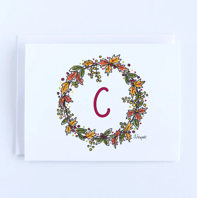 Cranberry Fall Wreath Initial Notecards