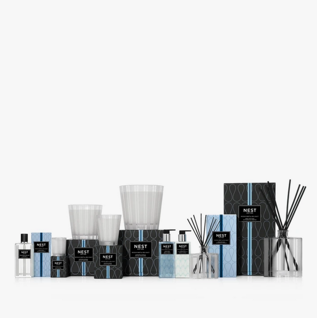A collection of Nest New York Ocean Mist & Sea Salt home fragrance products.
