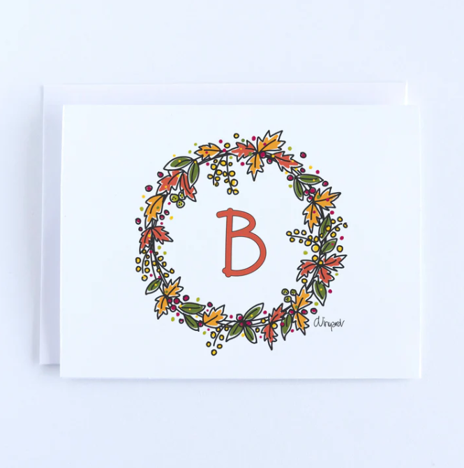 Orange Fall Wreath Initial Notecards