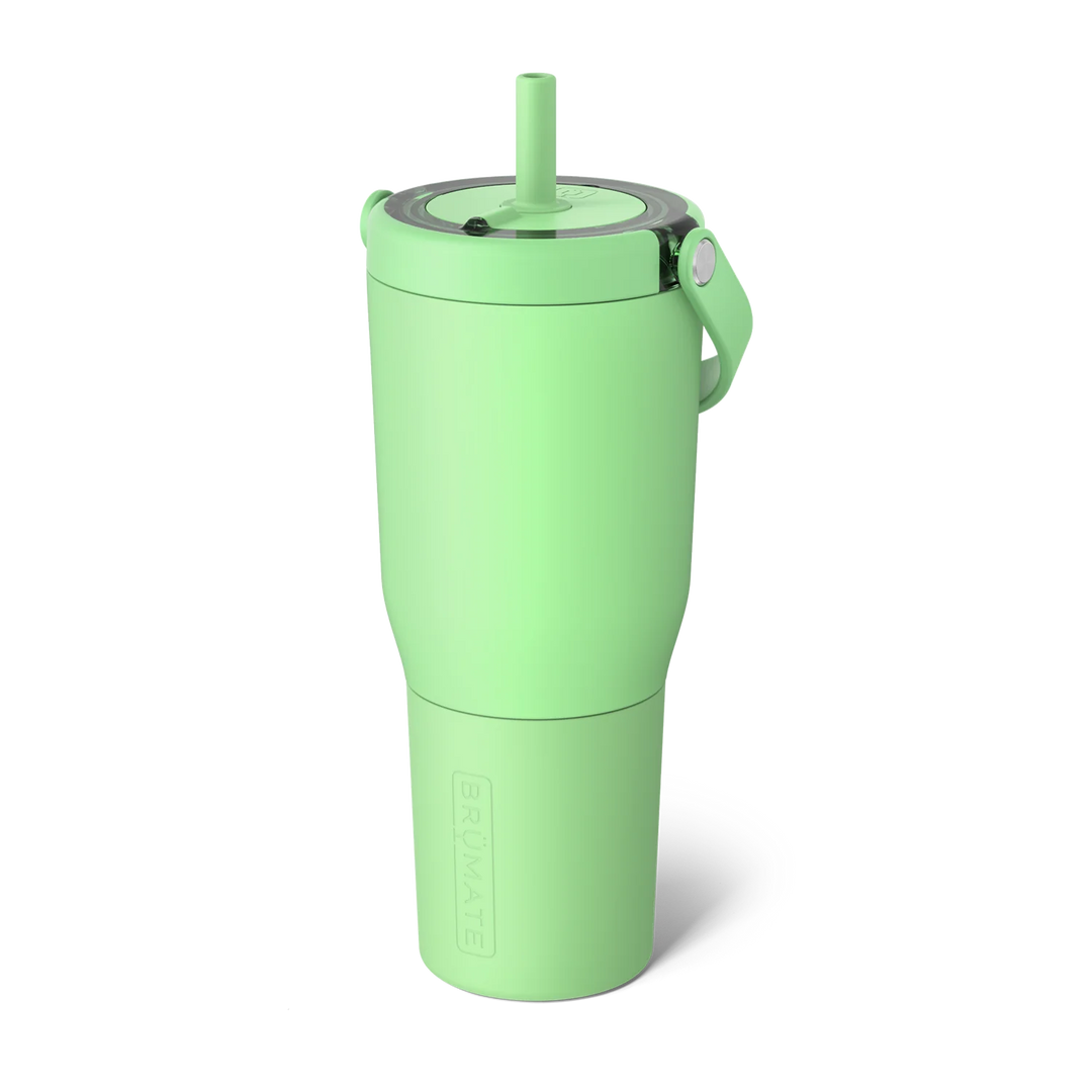 A kiwi green tumbler with a straw and a handle.
