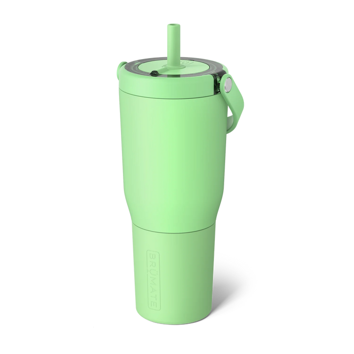 A kiwi green tumbler with a straw and a handle.