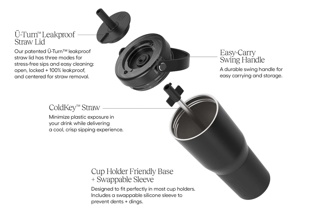 A black tumbler with a straw lid, swing handle, and swappable sleeve.