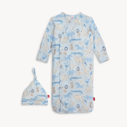 Jungle Jazz Modal Gown and Hat Set with a light blue animal print.