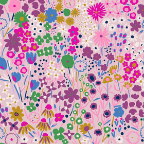 A pink fabric with a dense pattern of colorful, stylized wildflowers.