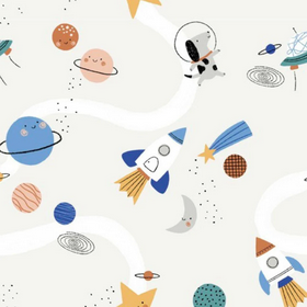 A white coverall with a playful space-themed pattern featuring planets, rockets, and a dog astronaut.