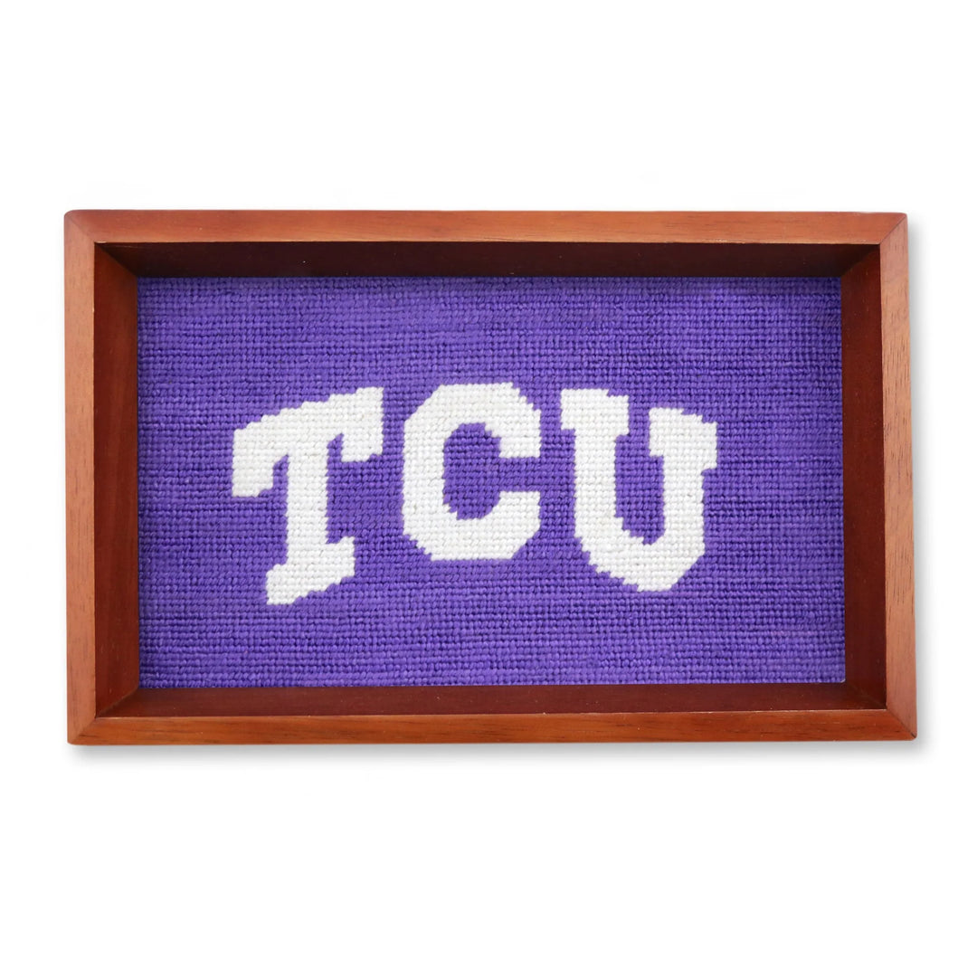TCU valet tray with a purple needlepoint inlay and white "TCU" lettering.