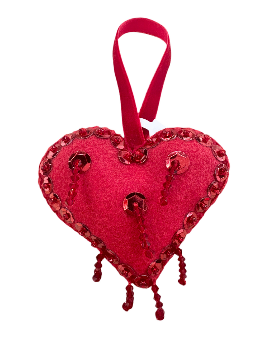Red felt heart ornament with red sequins and beaded fringe.