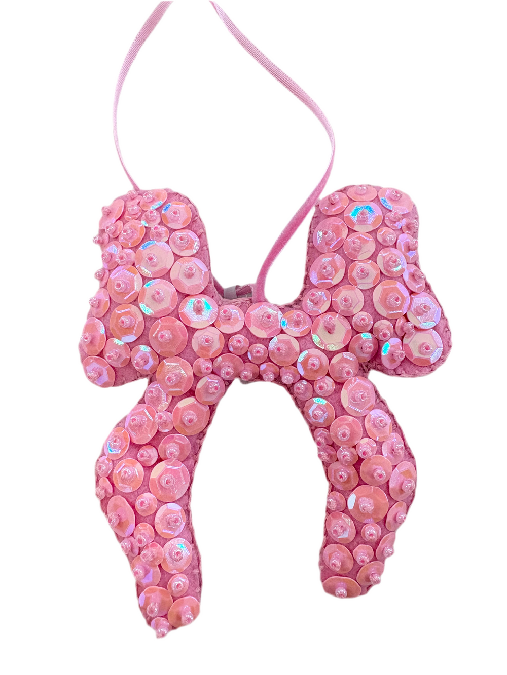 Big pink bow ornament with iridescent sequins and a pink ribbon hanger.