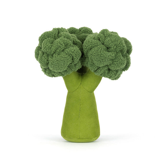 A plush broccoli toy with green florets and a green stem.