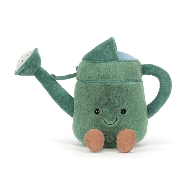 A green plush watering can with a smiling face and brown feet.