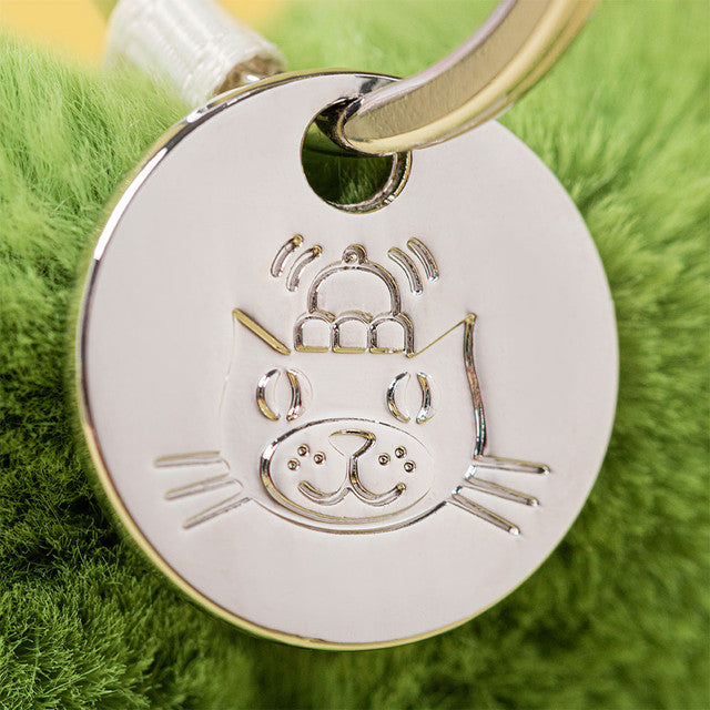 A silver charm with a cat face design is attached to a green fuzzy object.