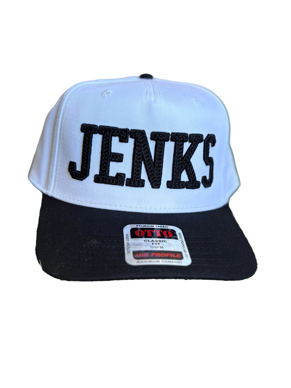 Jenks canvas embroidered hat with white crown and black bill.