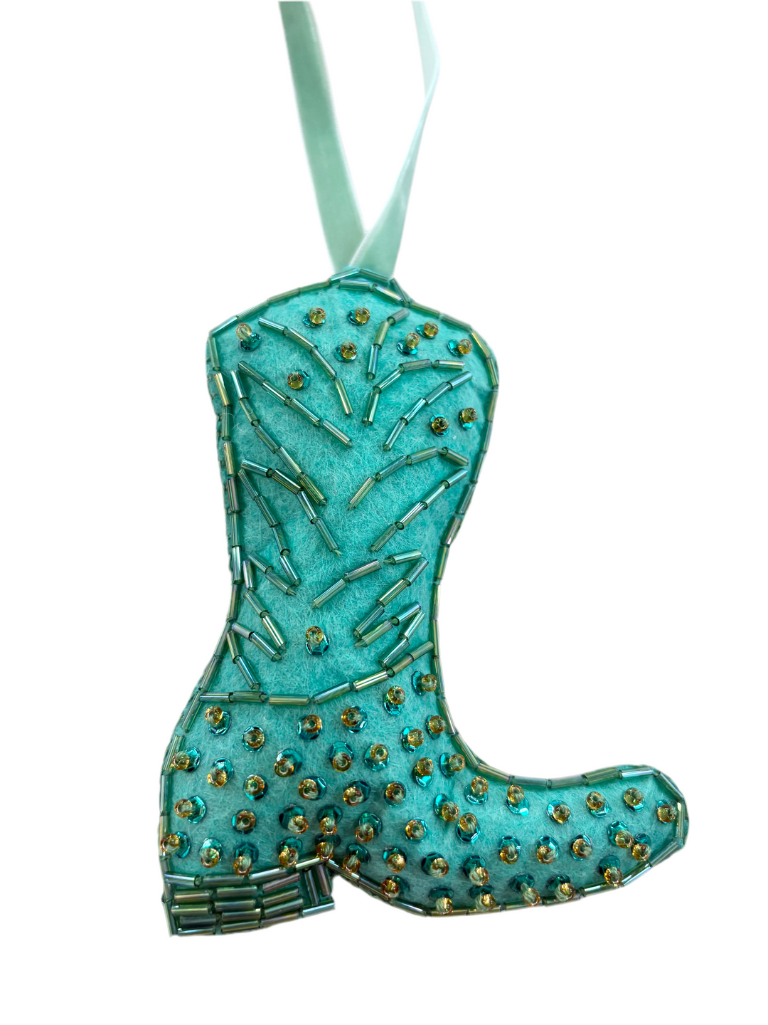 Hand-beaded teal boot ornament with a light green ribbon.
