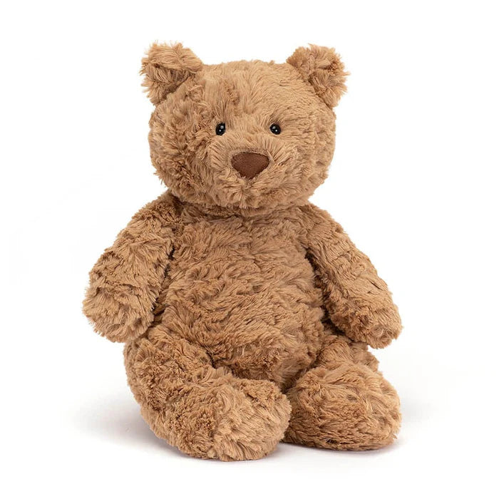 A medium-sized, fluffy brown teddy bear sits facing forward.