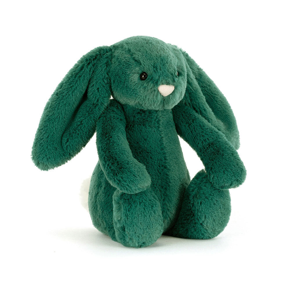 A plush teal bunny with long floppy ears and a white fluffy tail sits facing forward.