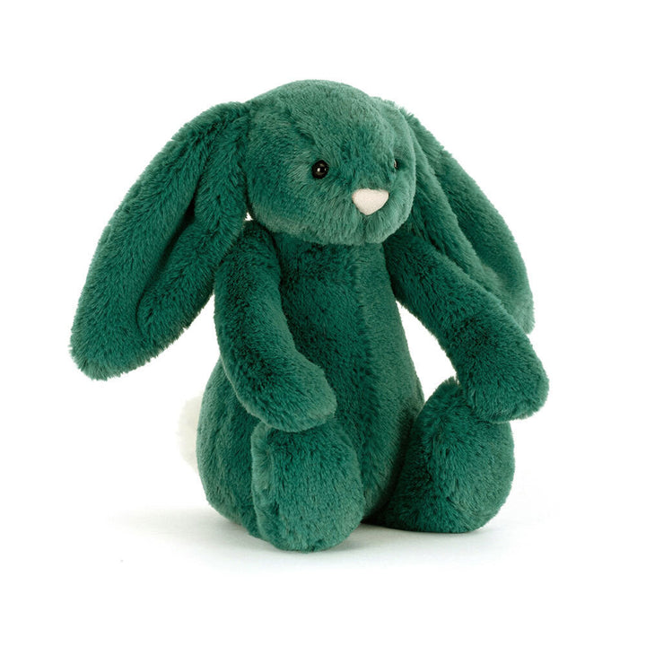 A plush teal bunny with long floppy ears and a white fluffy tail sits facing forward.