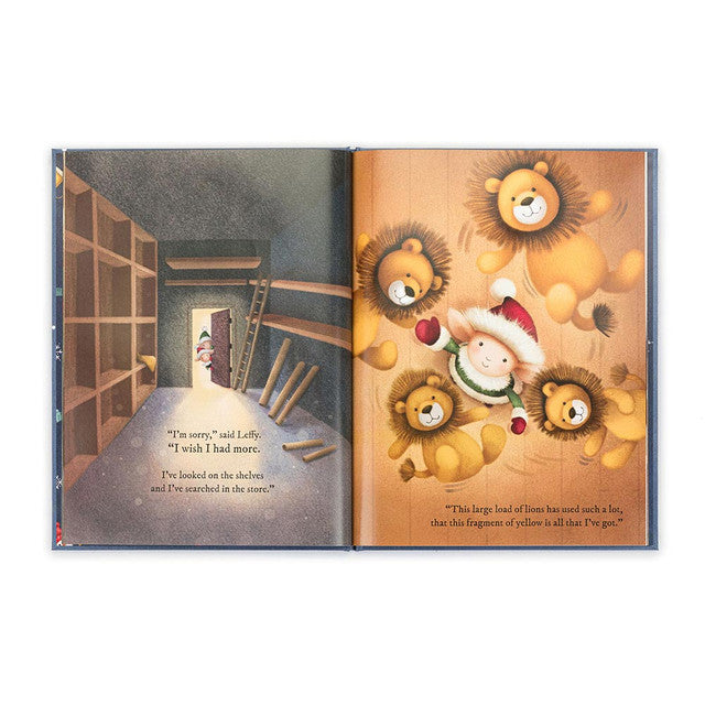 An open storybook shows an elf in a storeroom and an elf surrounded by lions.