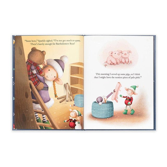An open storybook shows two pages with illustrations and text.