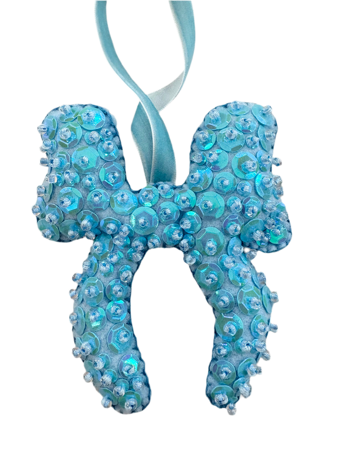 Big Bow Hand Beaded Ornament in light blue with sequins and beads.