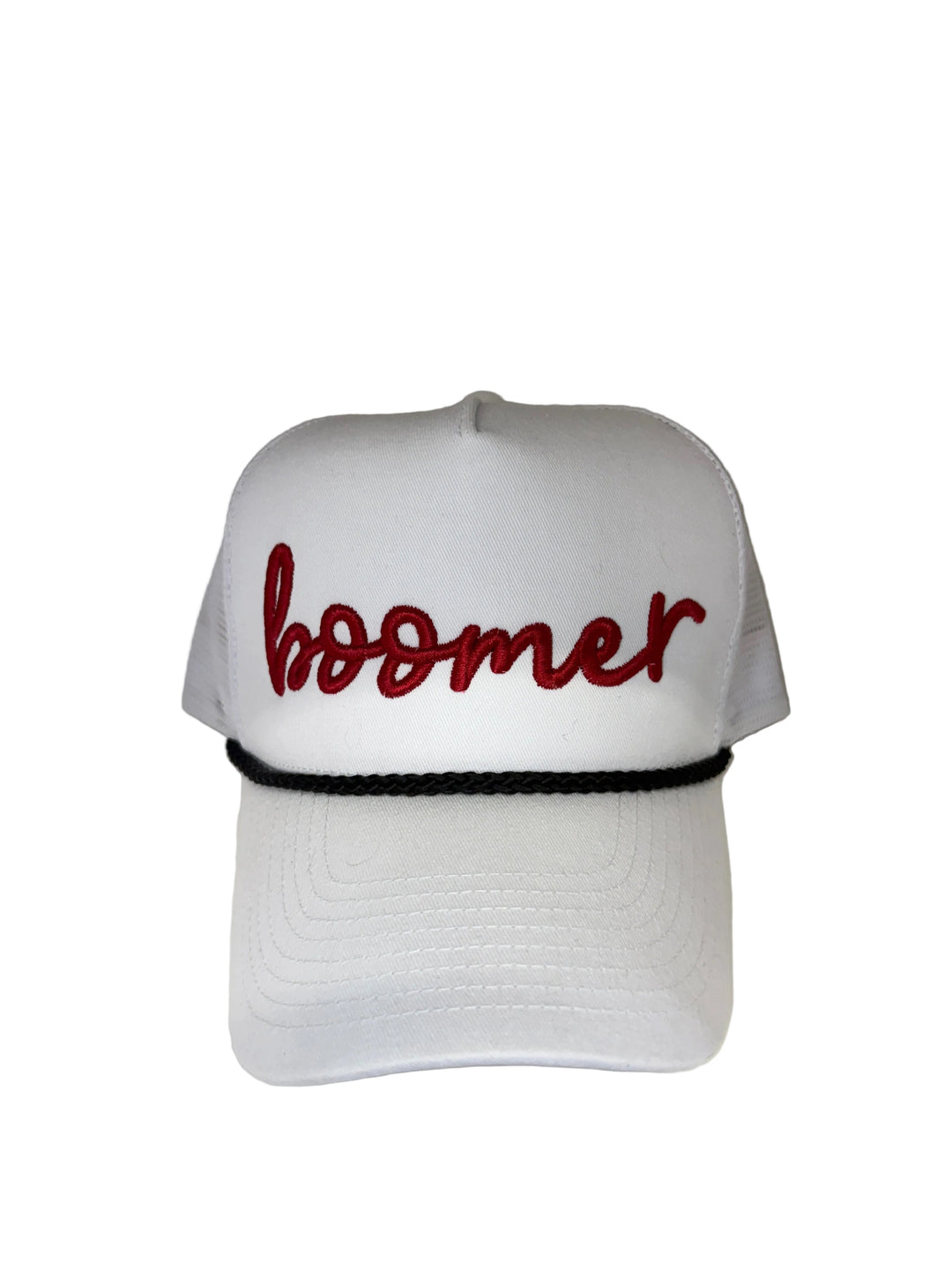 White trucker hat with red "boomer" embroidery and a black rope detail.