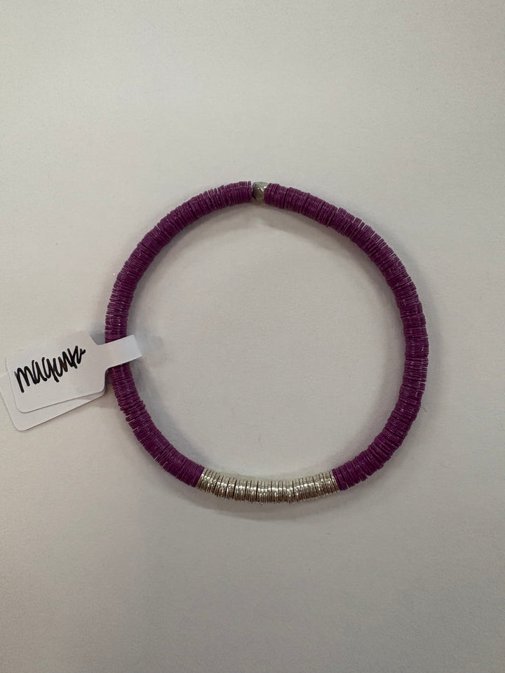 Small flat bead bracelet with purple vinyl beads and silver accents.