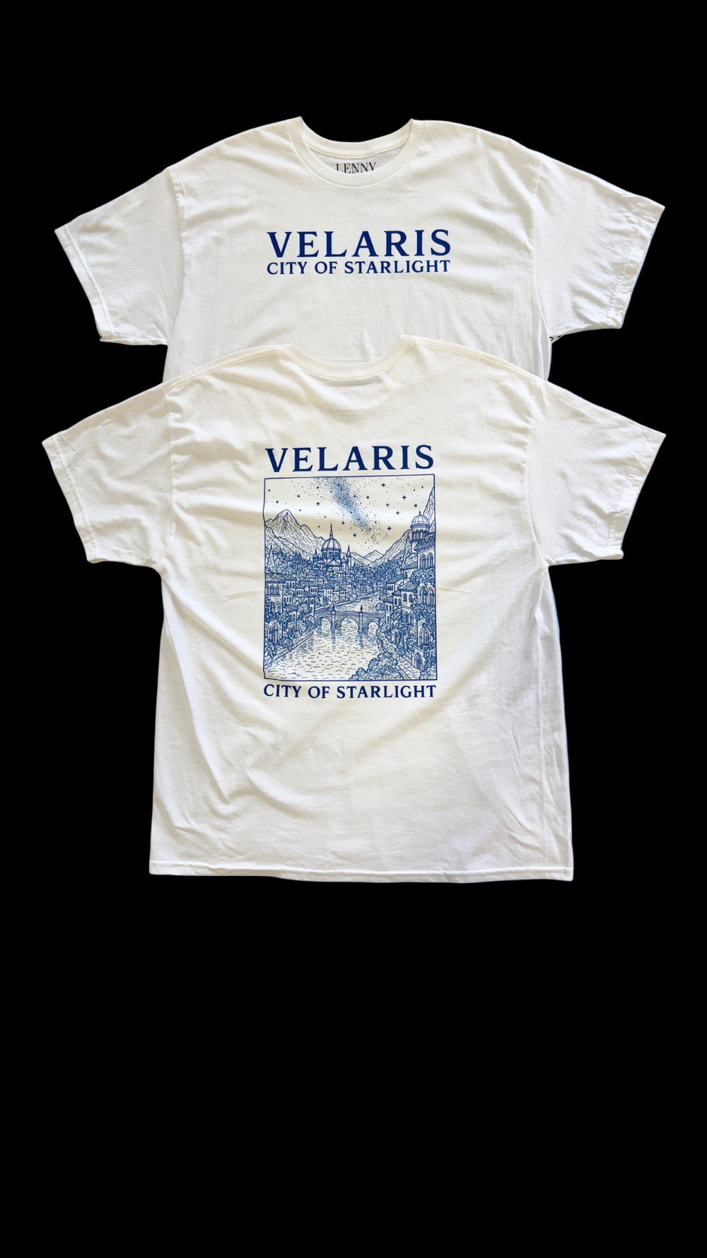 White t-shirt with "Velaris City of Starlight" text on the front and a detailed illustration of the city under a starry sky on the back.
