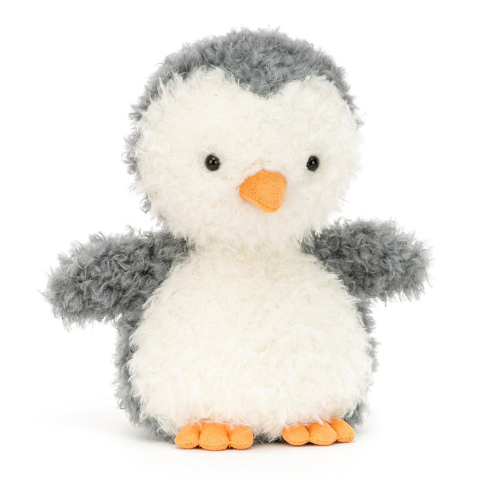 A fluffy gray and white penguin plush toy with an orange beak and feet.