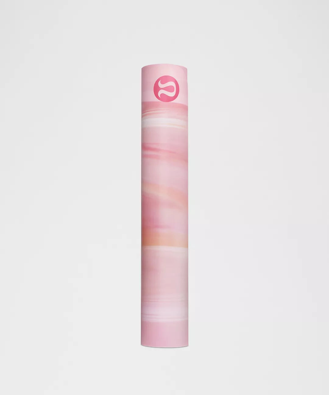 A rolled pink yoga mat with a marble-like pattern and a logo at the top.