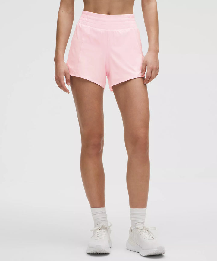 Pink Organza Hotty Hot High-Rise Lined Short 4" on a model.