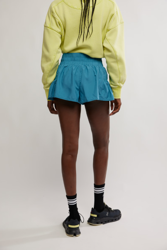 Celestial blue Get Your Flirt On shorts with a high-rise elastic waistband and pleated details.