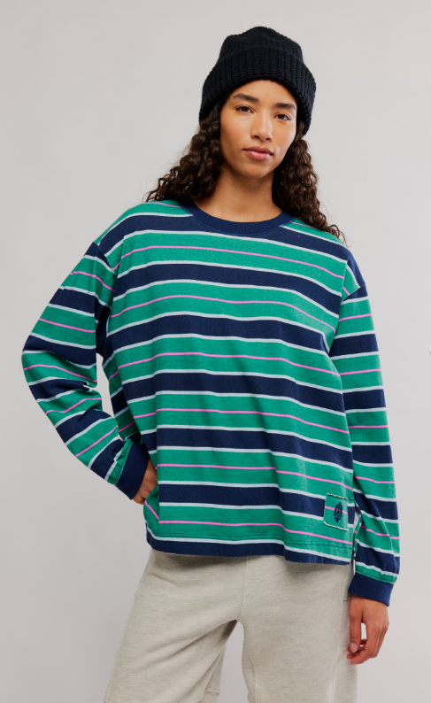 Navy and green striped long-sleeve shirt with a relaxed fit.
