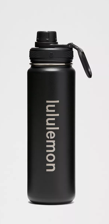 Black Lululemon 32oz sport bottle with a flip-top lid.