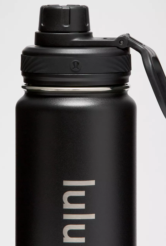 Black Lululemon sport bottle with a textured lid and handle.
