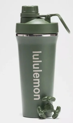 Dark Forest green Lululemon shaker bottle with a 3-prong agitator.