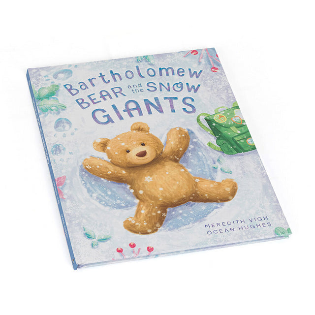 Bartholomew Bear and the Snow Giants book with a bear making a snow angel on the cover.