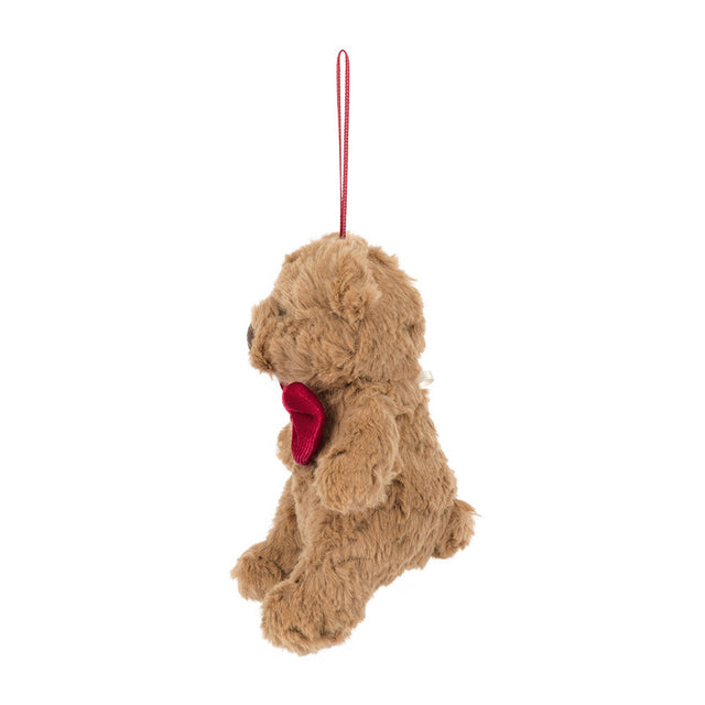 A brown plush bear ornament with a red bow tie hangs from a red loop.