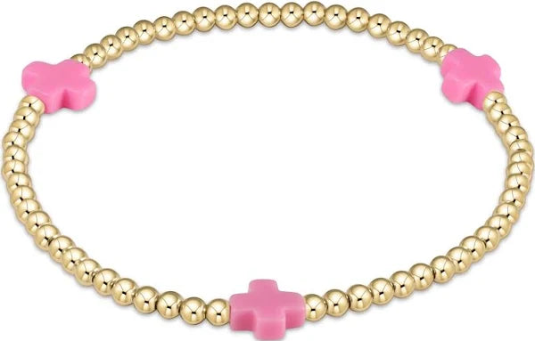 Signature Cross Gold Pattern 3mm Bead Bracelet - Bright Pink