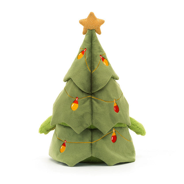 A plush toy of a rain frog dressed as a Christmas tree with embroidered lights and a star.