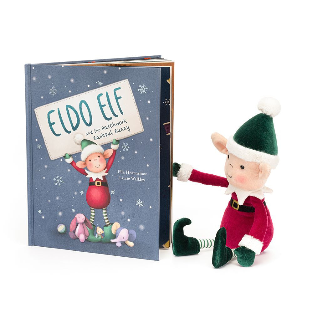 Eldo Elf book and plush elf toy on a white background.