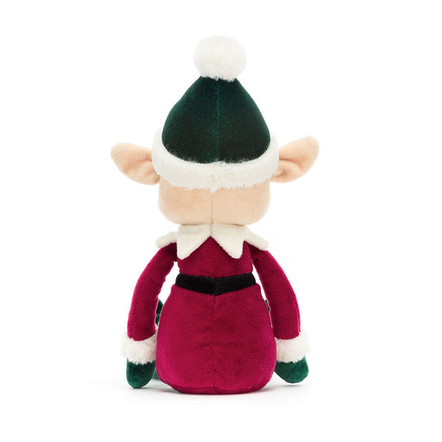 Eldo Elf plush toy, viewed from the back, wearing a red suit and green hat.