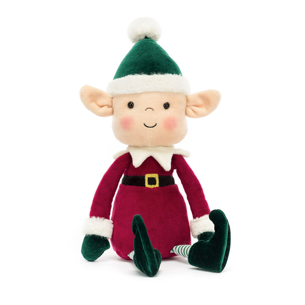 Eldo Elf plush toy wearing a red suit, green hat, and green shoes.