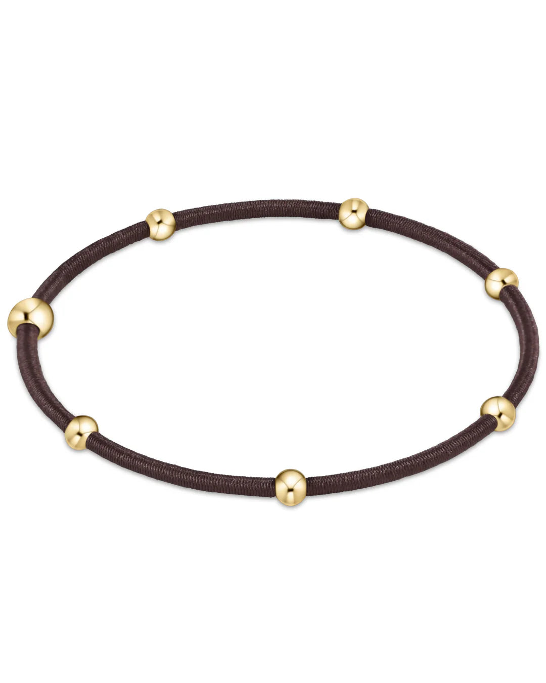 Bronze bracelet with gold-filled beads on a dark elastic cord.
