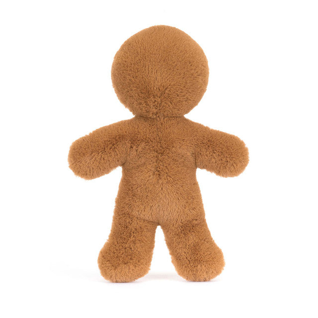 The back of a brown, plush gingerbread man with a round head and outstretched limbs.