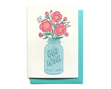 Get Well Really Soon card with a floral illustration in a mason jar.