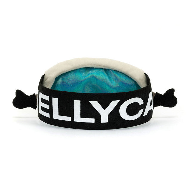 Black ski goggles with a white "JELLYCAT" strap and blue reflective lenses.