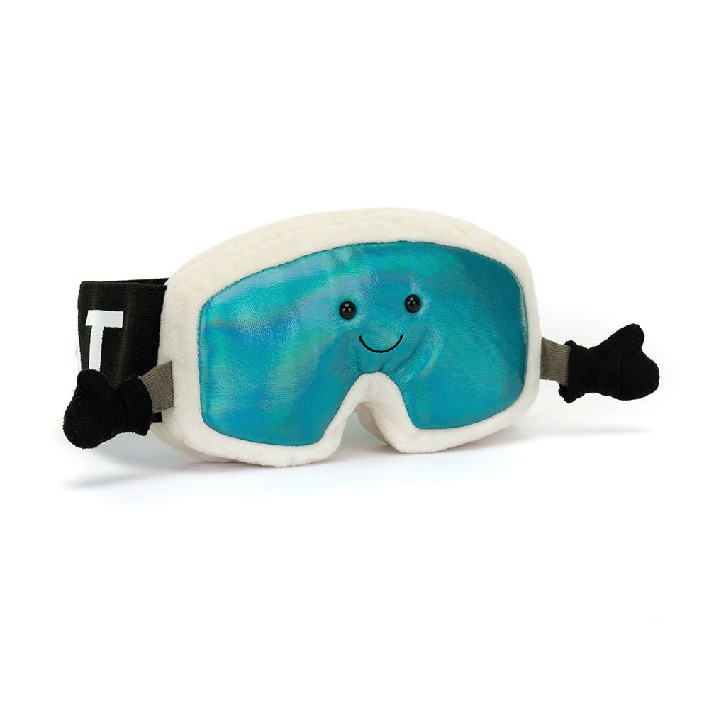 Plush ski goggles with a shiny blue lens and a friendly embroidered face.