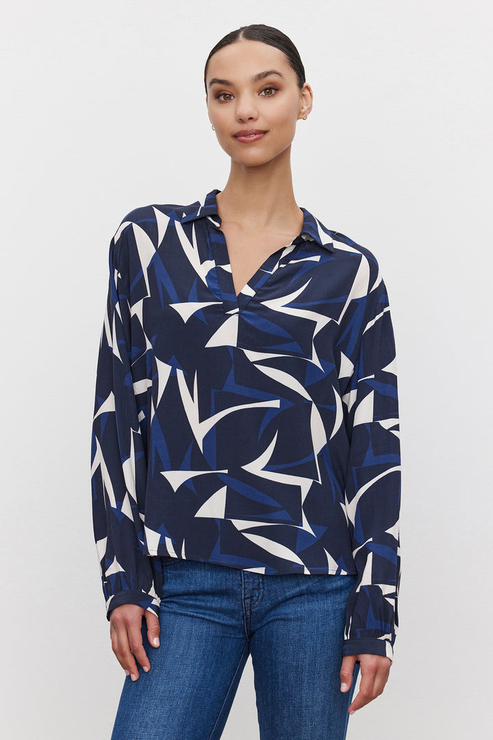 Carah L/S Pullover Top Navy Ecru