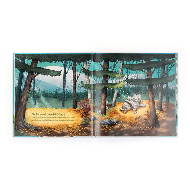 An open children's book shows two tigers cuddling in a forest with text on the left page.
